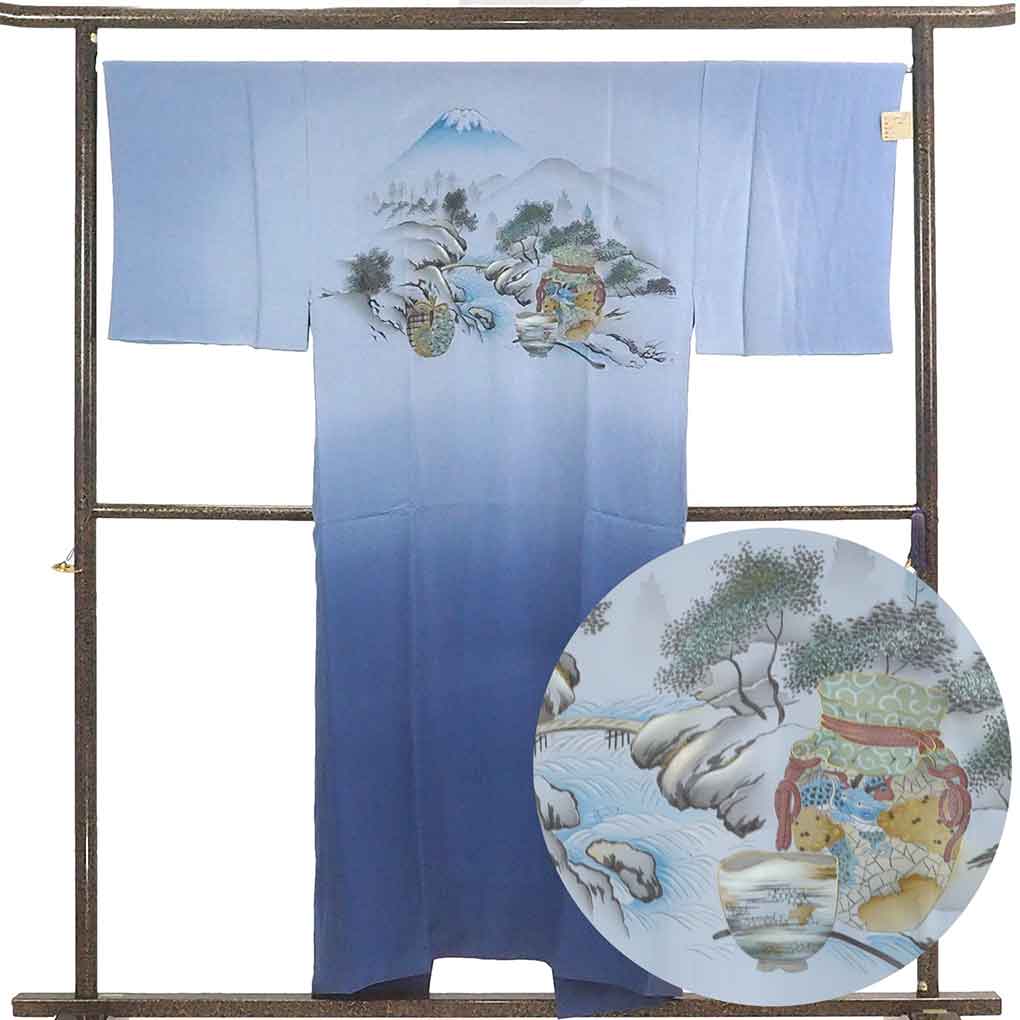 【中古】男物長襦袢 リサイクル着物 襦袢丈152cm 裄丈68cm 袖丈49cm 袖幅34cm メンズ 袷 風景画 裄長 裄Lサイズ 秋冬春用 正絹(シルク)ブルー やや難 リメイク リユース