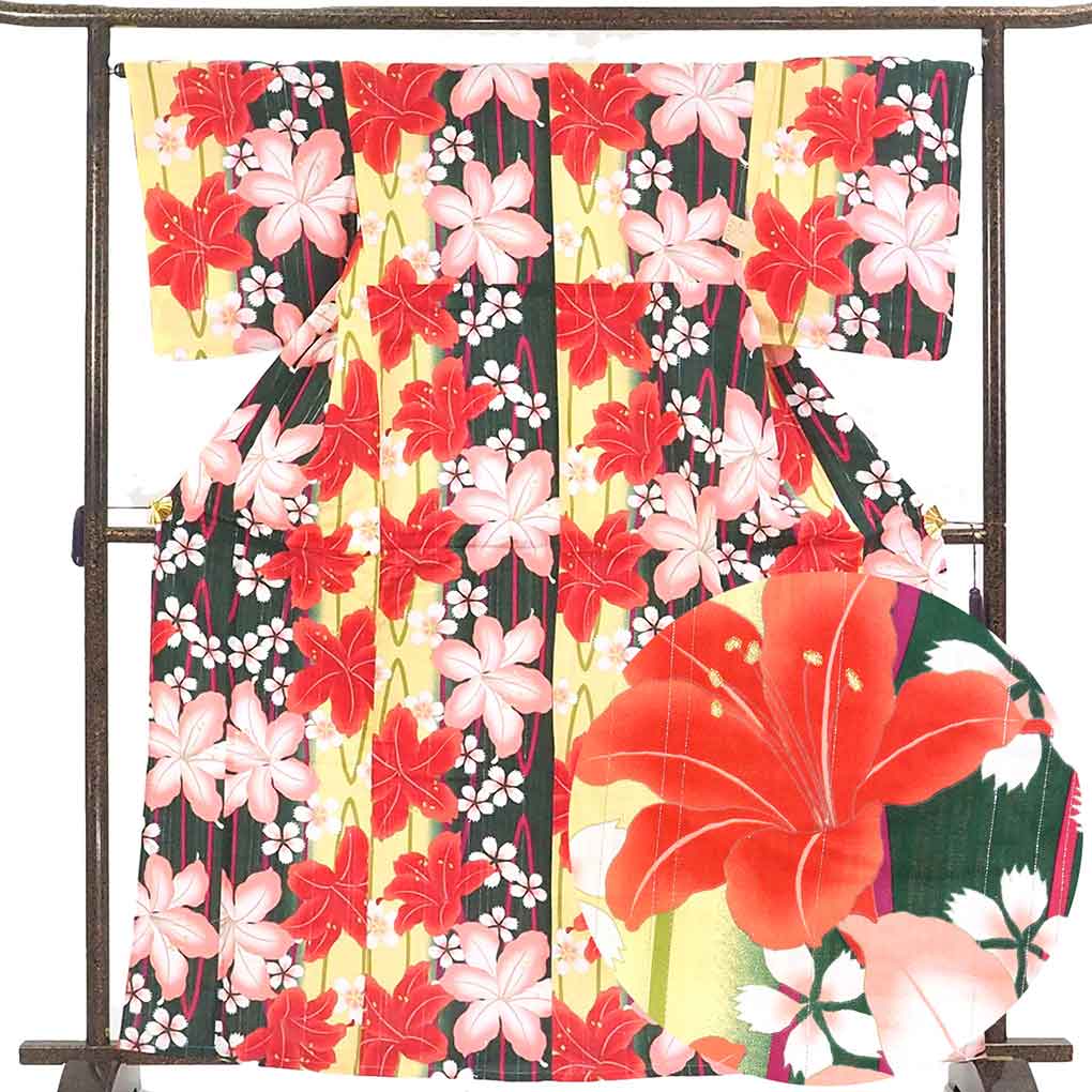 【中古】浴衣 リサイクル着物 身丈165cm 裄67cm 前幅24cm 後幅30cm 袖丈48cm 袖幅34cm レディース 花柄 裄長 裄Lサイズ 夏用 木綿...