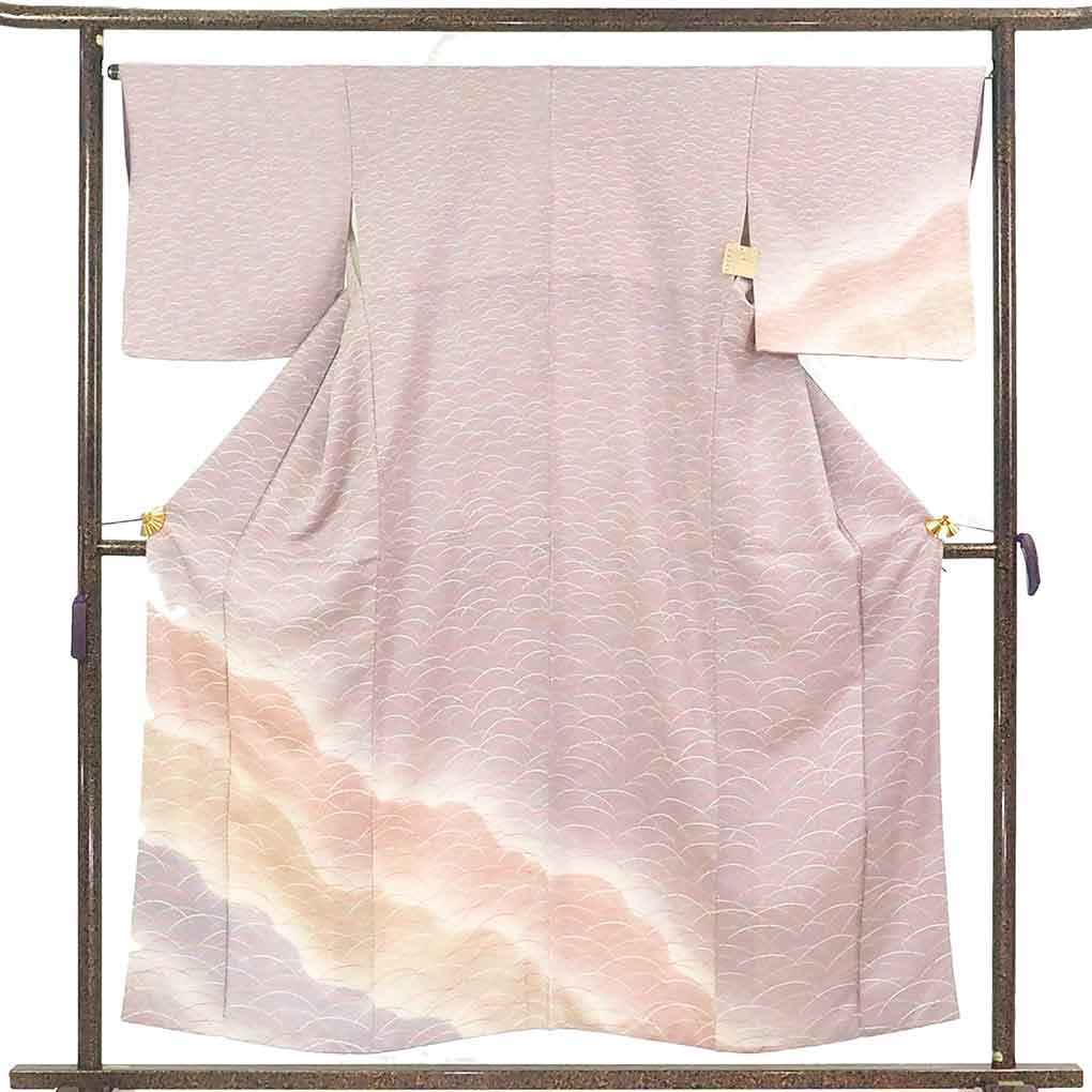 【中古】訪問着 リサイクル着物 身丈155cm 裄67cm 前幅23.5cm 後幅29.5cm 袖丈46cm 袖幅34cm レディース 袷 露芝 裄長 裄Lサイズ 秋冬春用 正絹（シルク）パープル 美品 リメイク リユース