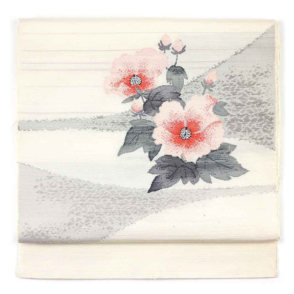 【中古】名古屋帯 リサイクル帯 幅31cm 長さ358cm レディース 花柄 秋冬春用 正絹（シルク）ホワイト 未使用品 リメイク リユース