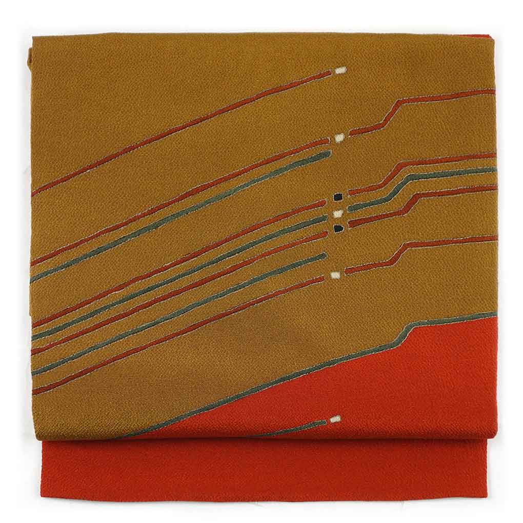 【中古】名古屋帯 リサイクル帯 幅30cm 長さ365cm レディース 抽象柄 秋冬春用 正絹（シルク）ブラウン 美品 リメイク リユース