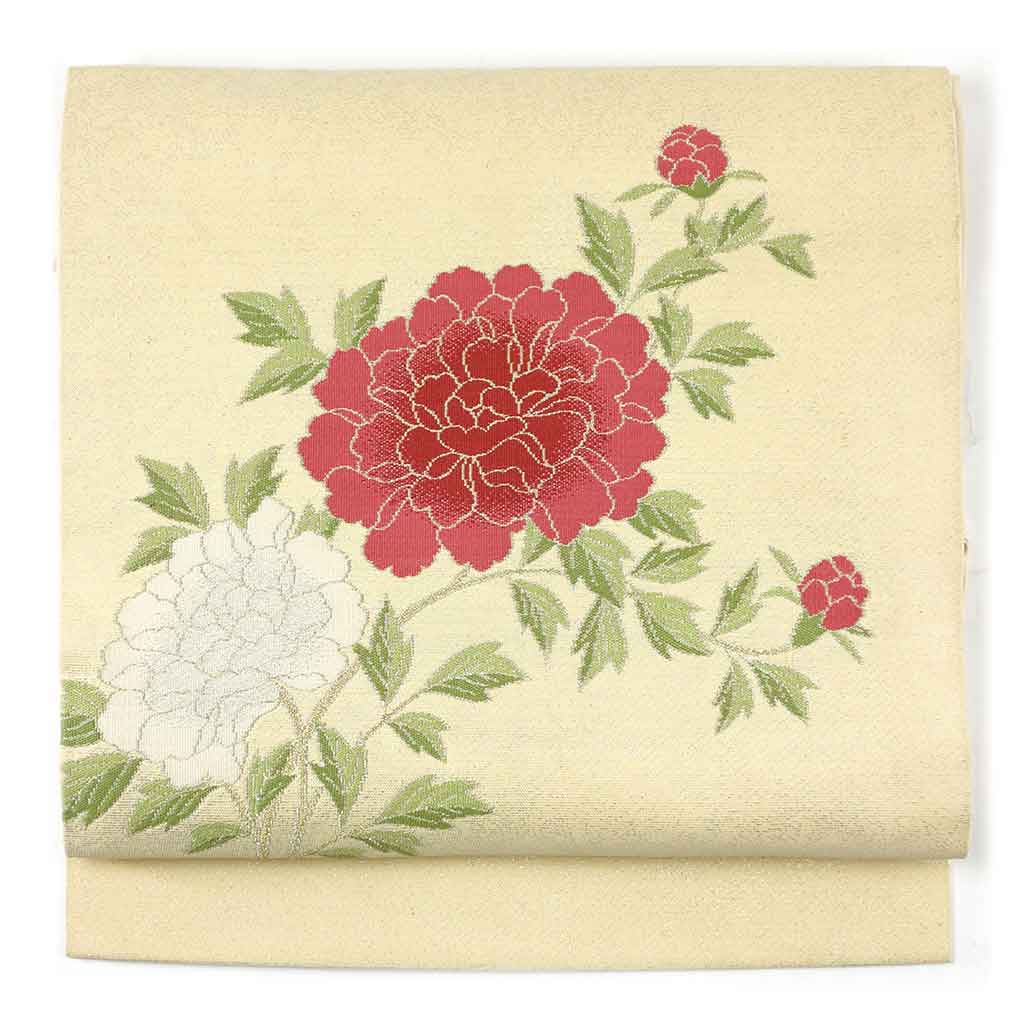 【中古】名古屋帯 リサイクル帯 幅30cm 長さ359cm レディース 花柄 秋冬春用 正絹（シルク）ホワイト 美品 リメイク リユース