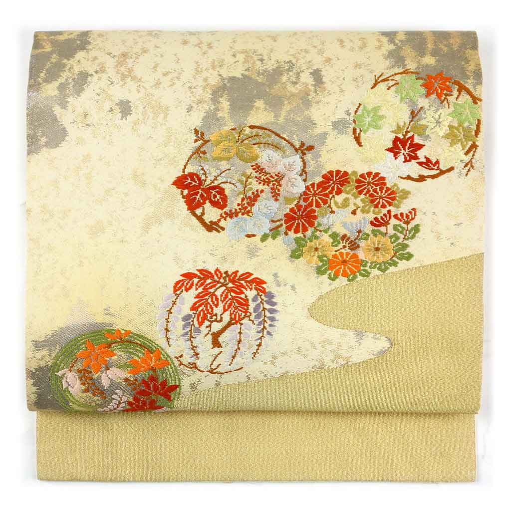 【中古】名古屋帯 リサイクル帯 幅30cm 長さ365cm レディース 花丸紋 秋冬春用 正絹（シルク）イエロー 美品 リメイク リユース