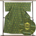 【中古】紬 リサイクル着物 身丈154cm 裄63cm 前幅24cm 後幅30cm 袖丈47cm 正絹(シルク) レディース 袷仕立 秋冬春用 緑地 裄Mサイズ...