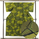 【中古】紬 リサイクル着物 身丈153cm 裄63cm 前幅22.5cm 後幅28cm 袖丈45cm 正絹(シルク) レディース 袷仕立 秋冬春用 緑地 裄Mサ...