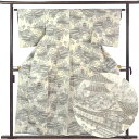 【中古】紬 リサイクル着物 身丈160cm 裄63cm 前幅24.5cm 後幅29.5cm 袖丈49cm 袖幅32.5cm レディース 袷 風景画 裄Mサイズ ...