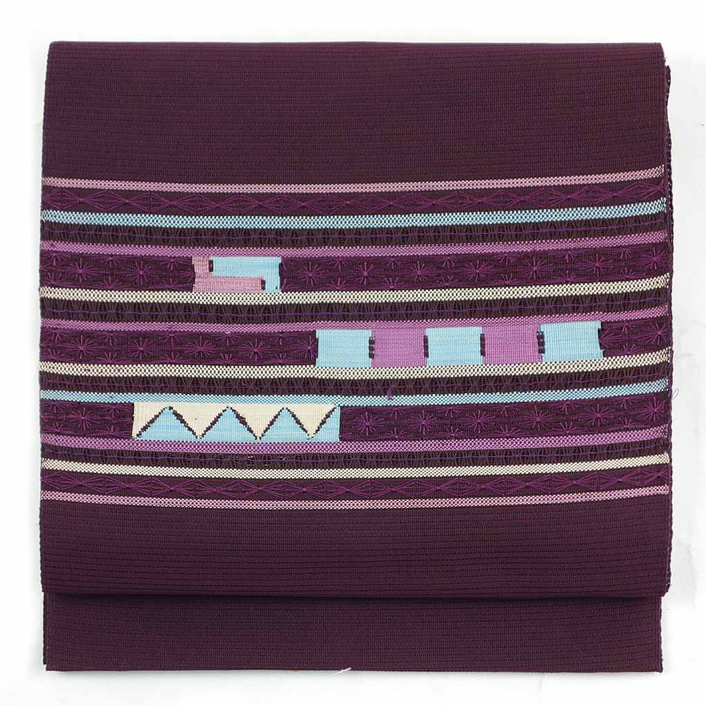 【中古】名古屋帯 リサイクル帯 幅29cm 長さ347cm レディース 横段柄 夏用 正絹（シルク）パープル 美品 リメイク リユース