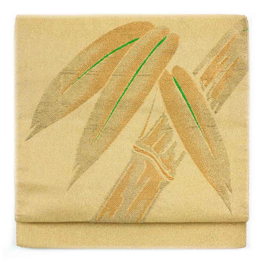 【中古】京袋帯 リサイクル帯 幅30cm 長さ352cm レディース 笹 秋冬春用 正絹（シルク）ゴールド 難有り リメイク リユース