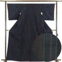 【中古】紬 リサイクル着物 身丈166cm 裄65cm 前幅24.5cm 後幅30cm 袖丈49cm 正絹(シルク) レディース 袷仕立 縞 秋冬春用 黒地 裄...