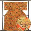 【中古】小紋 リサイクル着物 身丈162cm 裄65cm 前幅23cm 後幅28cm 袖丈48cm 正絹(シルク) レディース 袷仕立 秋冬春用 赤地 裄Mサイ...