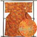 【中古】小紋 リサイクル着物 身丈160cm 裄65cm 前幅22.5cm 後幅30cm 袖丈49cm 正絹(シルク) レディース 袷仕立 秋冬春用 オレンジ地...