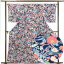 【中古】小紋 リサイクル着物 身丈162cm 裄64cm 前幅21.5cm 後幅29cm 袖丈51cm 正絹(シルク) レディース 袷仕立 秋冬春用 紺地 裄M...