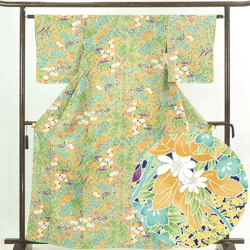 【中古】小紋 リサイクル着物 身丈163cm 裄61cm 前幅23.5cm 後幅28cm 袖丈48cm 正絹(シルク) レディース 袷仕立 秋冬春用 緑地 裄Sサイズ 未使用品 リユース 【中古】小紋 リサイクル着物 身丈163cm 裄61cm 前幅23.5cm 後幅28cm 袖丈48cm 正絹(シルク) レディース 袷仕立 秋冬春用 緑地 裄Sサイズ 未使用品 リユース