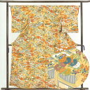 【中古】小紋 リサイクル着物 身丈159cm 裄64cm 前幅25cm 後幅29cm 袖丈53cm 正絹(シルク) レディース 袷仕立 秋冬春用 オレンジ地 裄...