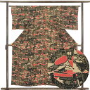 【中古】小紋 リサイクル着物 身丈157cm 裄63cm 前幅24cm 後幅28cm 袖丈47cm 正絹(シルク) レディース 袷仕立 秋冬春用 黒地 裄Mサイ...