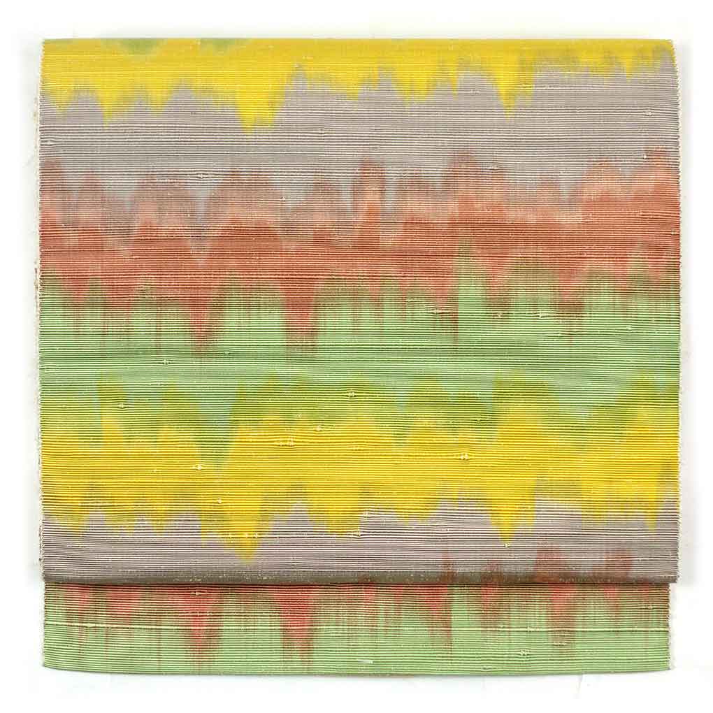 【中古】名古屋帯 リサイクル帯 幅30cm 長さ367cm レディース 横段柄 秋冬春用 正絹（シルク）マルチカラー 未使用品 リメイク リユース