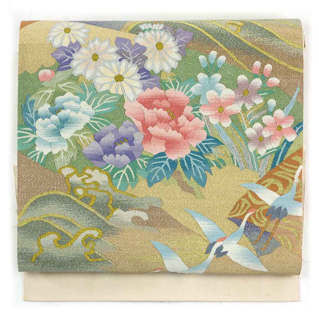 【中古】名古屋帯 リサイクル帯 幅30cm 長さ375cm レディース 花柄 秋冬春用 正絹（シルク）ベージュ 難有り リメイク リユース