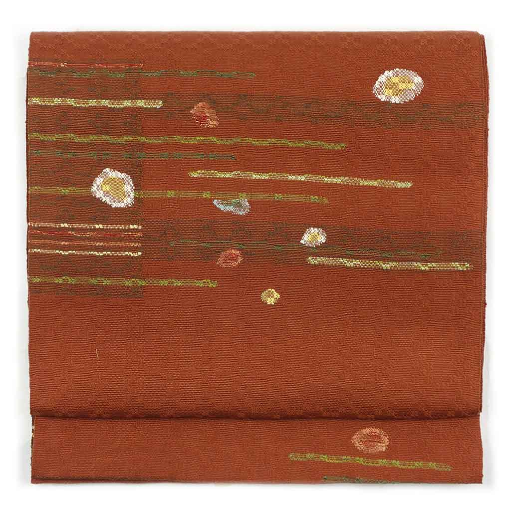 【中古】名古屋帯 リサイクル帯 幅31cm 長さ390cm レディース 抽象柄 秋冬春用 正絹（シルク）ブラウン 美品 リメイク リユース