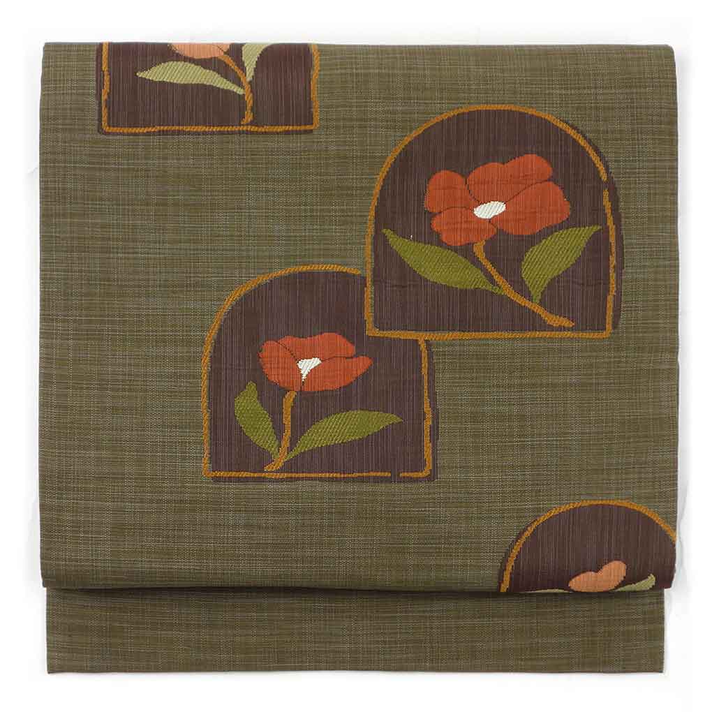 【中古】名古屋帯 リサイクル帯 幅30cm 長さ351cm レディース 花柄 秋冬春用 正絹（シルク）グリーン 美品 リメイク リユース