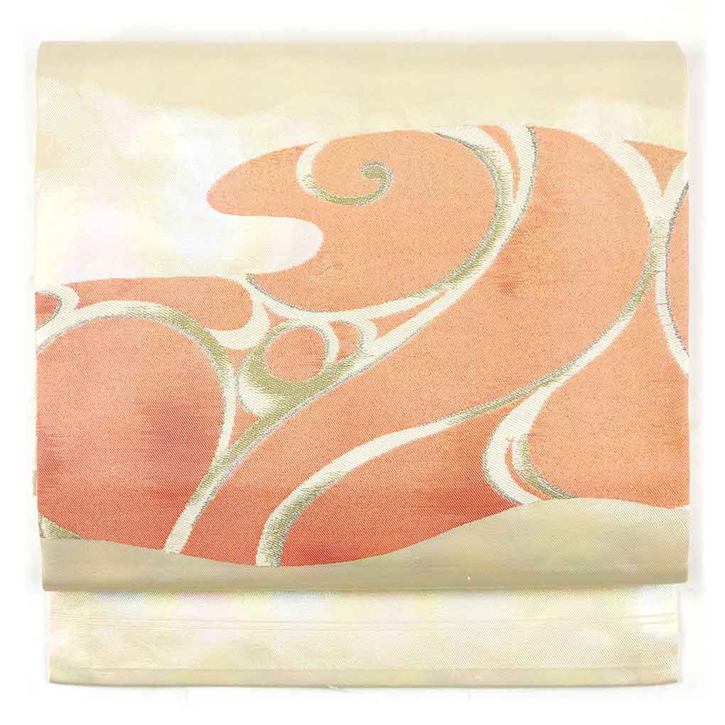 【中古】名古屋帯 リサイクル帯 幅30.5cm 長さ358cm レディース 抽象柄 秋冬春用 正絹（シルク）ホワイト 美品 リメイク リユース