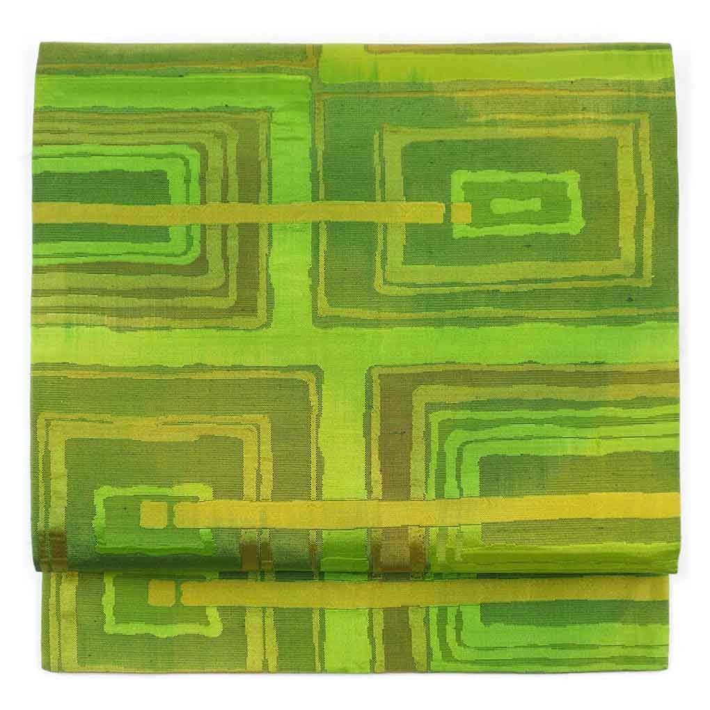 【中古】名古屋帯 リサイクル帯 幅30.5cm 長さ355cm レディース 連続模様 秋冬春用 正絹（シルク）グリーン 美品 リメイク リユース