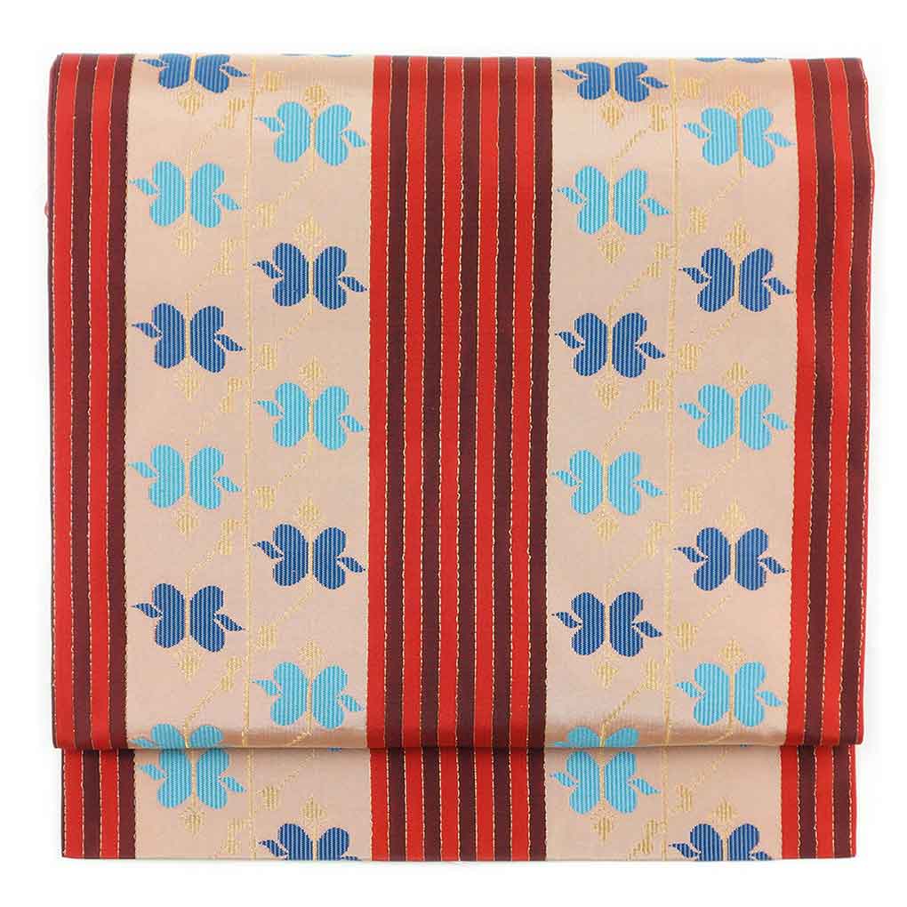 【中古】名古屋帯 リサイクル帯 幅31cm 長さ370cm レディース 連続模様 秋冬春用 正絹（シルク）レッド 美品 桝屋高尾 リメイク リユース