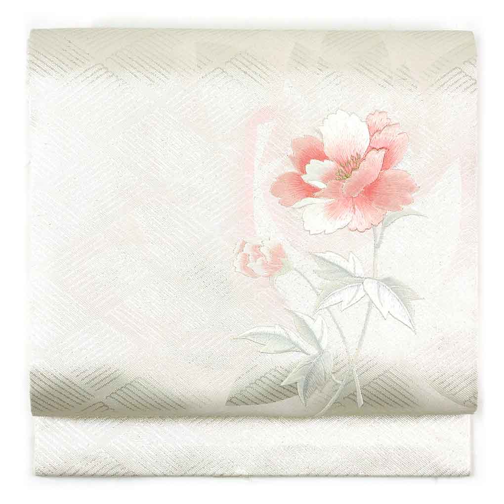 【中古】名古屋帯 リサイクル帯 幅30cm 長さ358cm レディース 花柄 秋冬春用 正絹（シルク）シルバー 未使用品 リメイク リユース