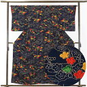 【中古】小紋 リサイクル着物 身丈159cm 裄64cm 前幅22cm 後幅28cm 袖丈52cm 正絹(シルク) レディース 袷仕立 菊 秋冬春用 紺地 裄M...