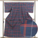 【中古】紬 リサイクル着物 身丈161cm 裄66cm 前幅24cm 後幅30cm 袖丈49cm 正絹(シルク) レディース 袷仕立 格子 秋冬春用 紺地 裄M...
