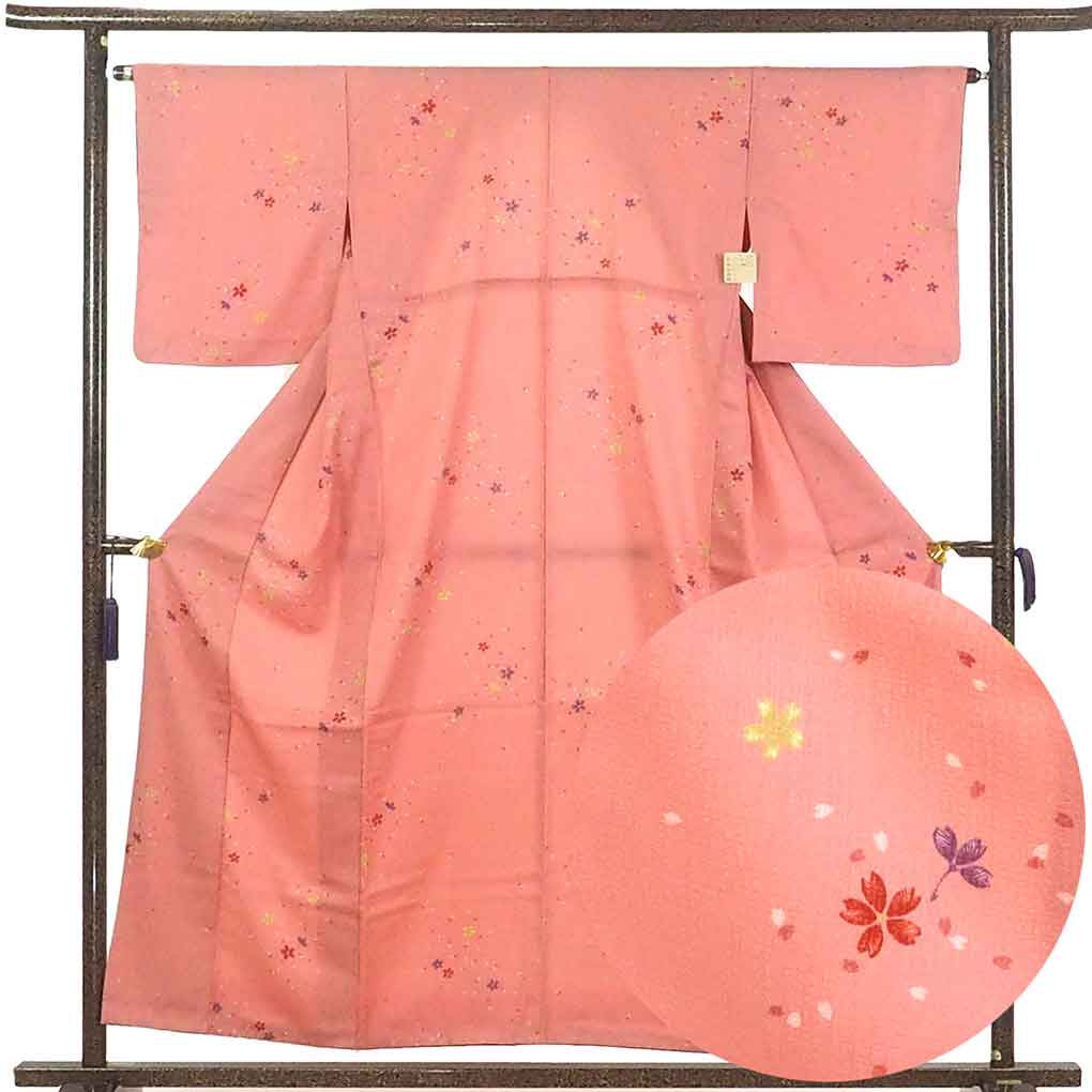 【SS10％OFF】【中古】小紋 リサイクル着物 身丈156cm 裄65cm 前幅23cm 後幅29.5cm 袖丈47cm 袖幅33cm レディース 胴抜裾八掛 桜 裄Mサイズ 秋冬春用 ポリエステル ピンク地 やや難 リメイク リユース
