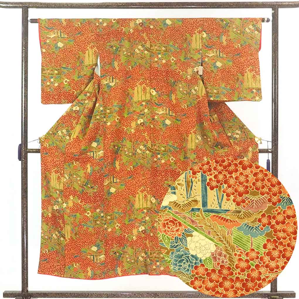 【中古】小紋 リサイクル着物 身丈151cm 裄62cm 前幅24cm 後幅29cm 袖丈49cm 正絹(シルク) レディース 袷仕立 秋冬春用 オレンジ地 裄Sサイズ 美品 リユース