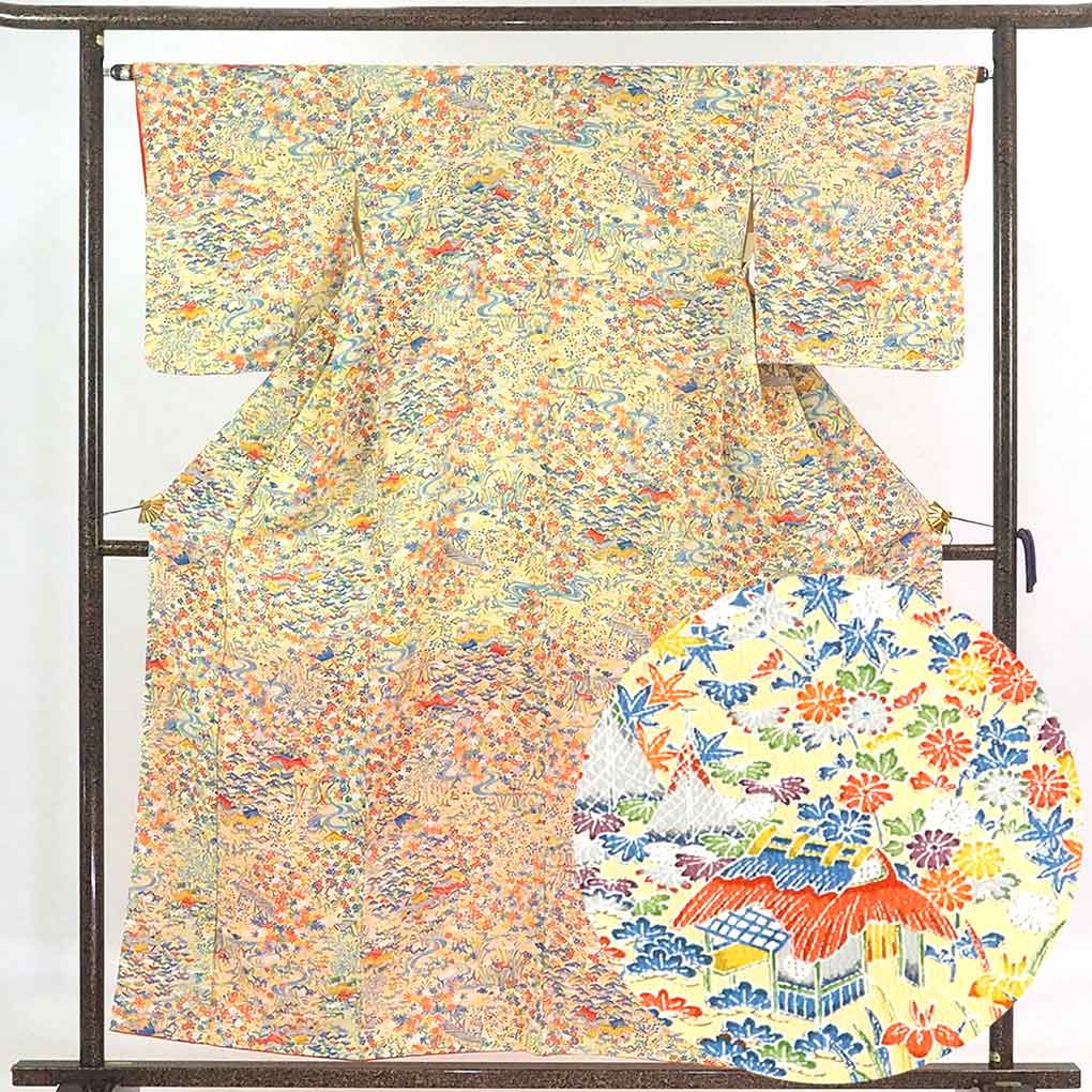 【中古】小紋 リサイクル着物 身丈157cm 裄64cm 前幅24.5cm 後幅30cm 袖丈49cm 正絹(シルク) レディース 袷仕立 秋冬春用 黄色地 裄Mサイズ 未使用品 リユース