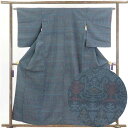 【中古】紬 リサイクル着物 身丈160cm 裄63cm 前幅26.5cm 後幅31cm 袖丈54.5cm 正絹(シルク) レディース 袷仕立 秋冬春用 紺地 裄...