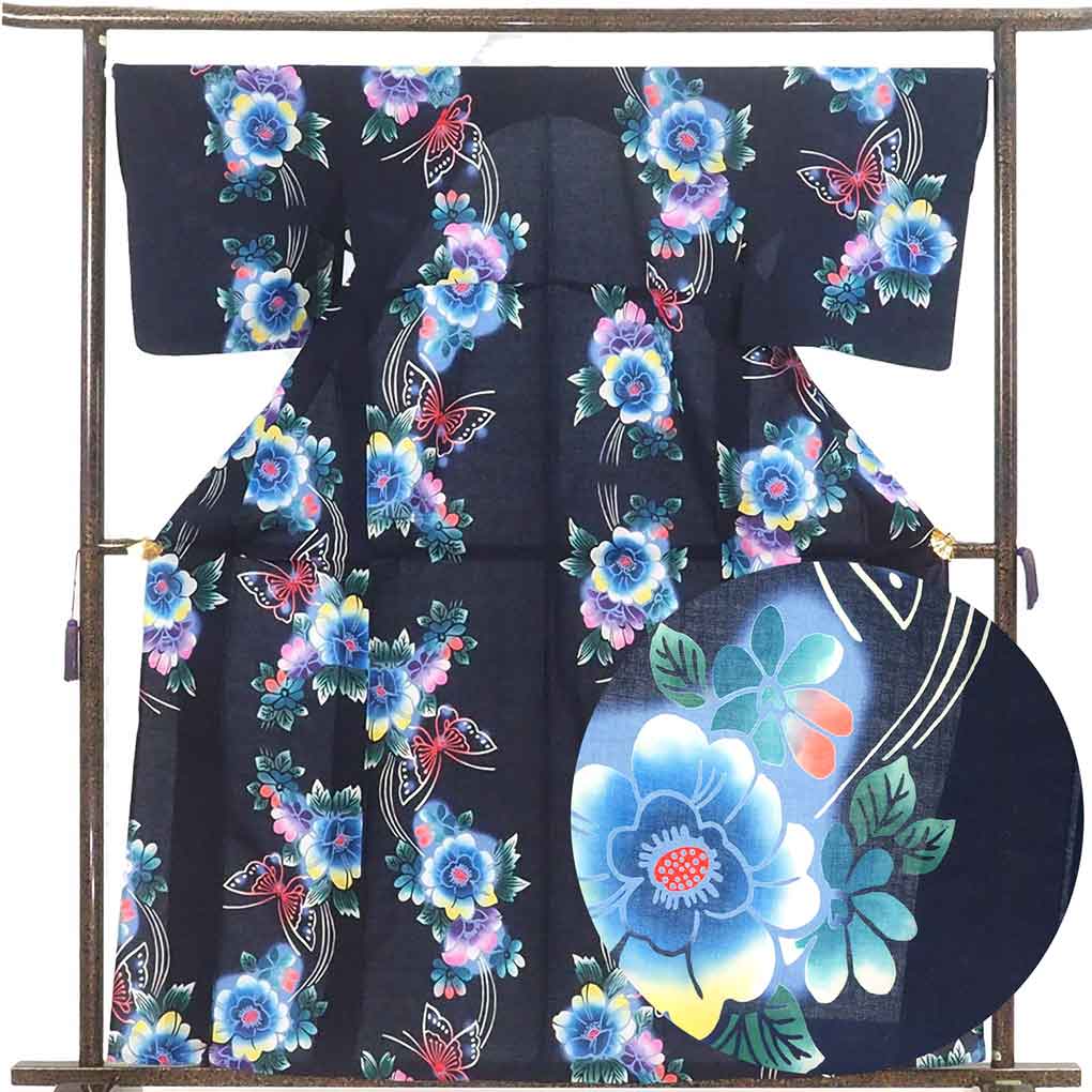 【中古】浴衣 リサイクル着物 身丈157cm 裄67cm 前幅23cm 後幅31cm 袖丈49cm 袖幅33cm レディース 花柄 裄長 裄Lサイズ 夏用 木綿...