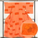 【中古】小紋 リサイクル着物 身丈158cm 裄65cm 前幅23cm 後幅30cm 袖丈52cm 正絹(シルク) レディース 袷仕立 秋冬春用 オレンジ地 裄...