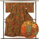 【中古】小紋 リサイクル着物 身丈155cm 裄63cm 前幅24cm 後幅29cm 袖丈46cm 正絹(シルク) レディース 袷仕立 秋冬春用 茶色 裄Mサイ...