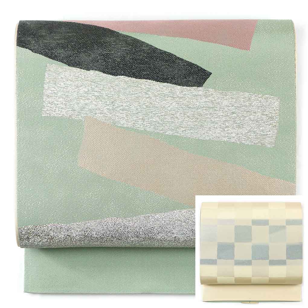 【中古】京袋帯 リサイクル帯 幅31cm 長さ400cm レディース 抽象柄 秋冬春用 正絹（シルク）グリーン 未使用品 リバーシブル リメイク リユース