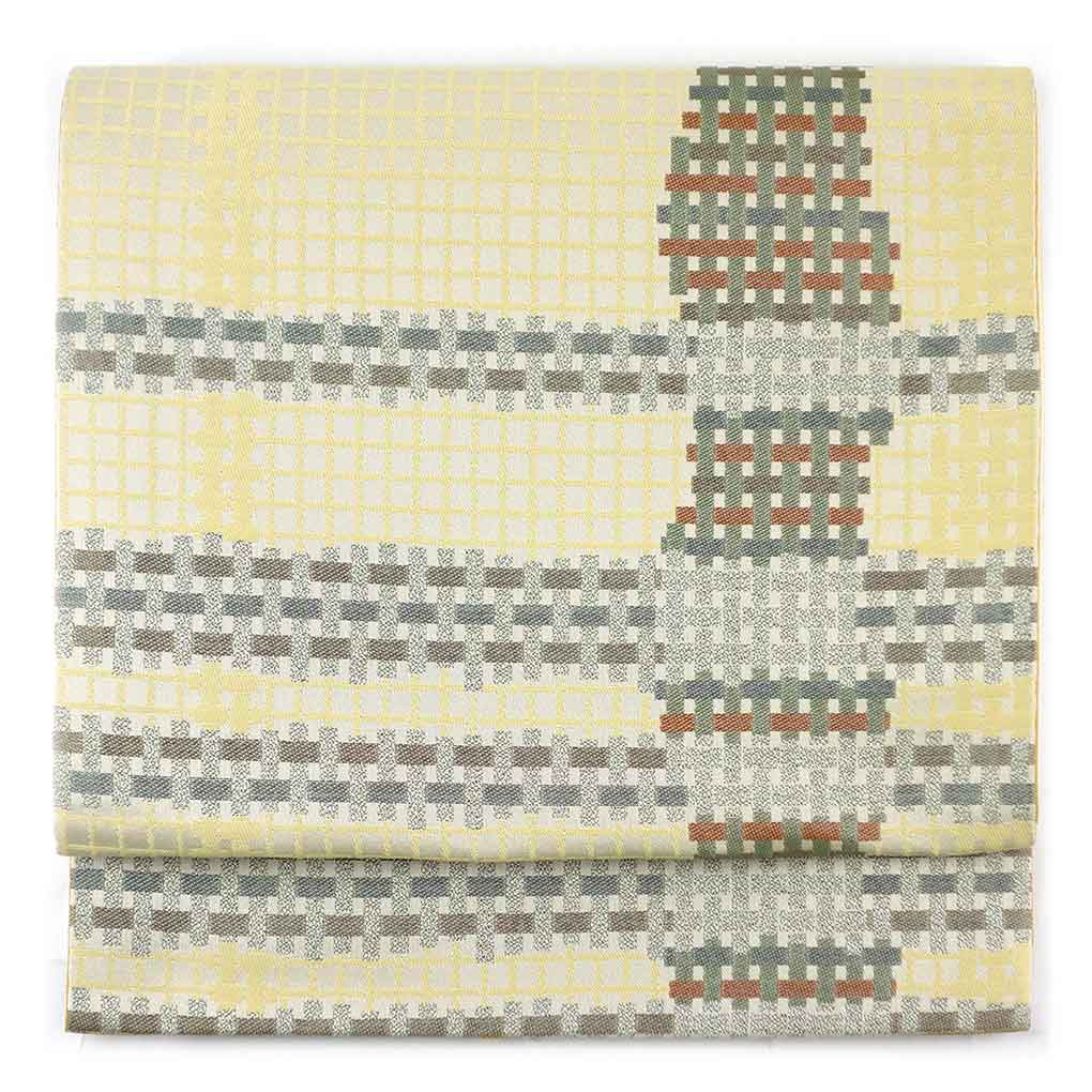 【中古】京袋帯 リサイクル帯 幅30.5cm 長さ384cm レディース 横段柄 秋冬春用 ポリエステル イエロー 未使用品 リメイク リユース