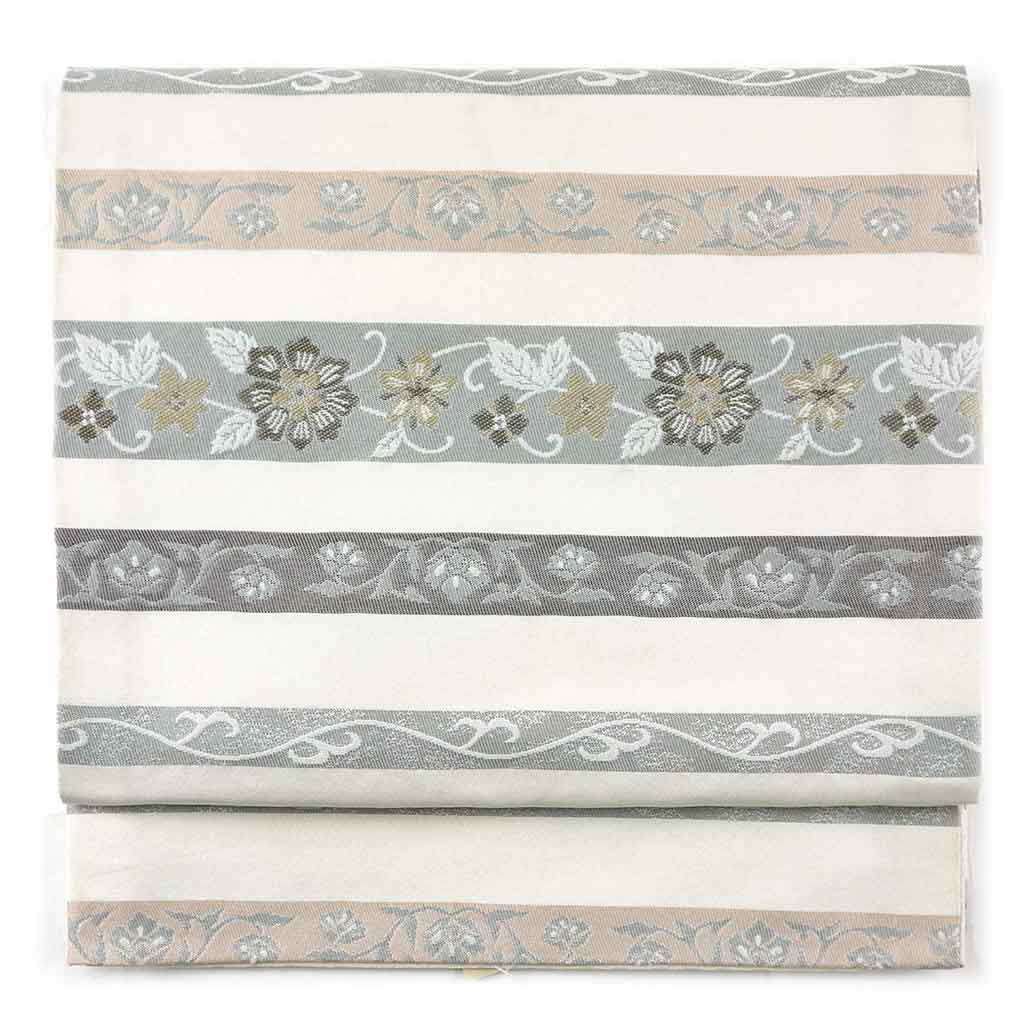 【中古】京袋帯 リサイクル帯 幅31cm 長さ373cm レディース 横段柄 秋冬春用 ポリエステル ホワイト やや難 リメイク リユース