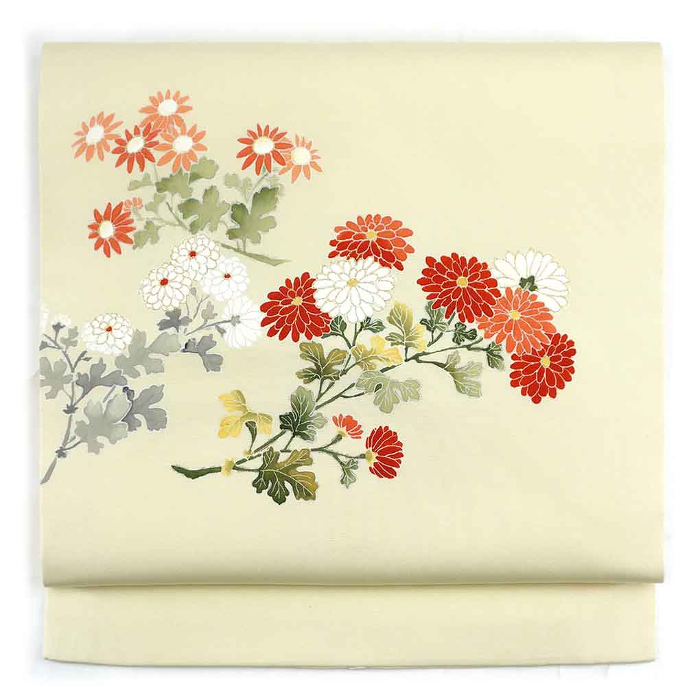 【中古】名古屋帯 リサイクル帯 幅30cm 長さ349cm レディース 花柄 秋冬春用 正絹（シルク）ホワイト やや難 塩瀬 リメイク リユース