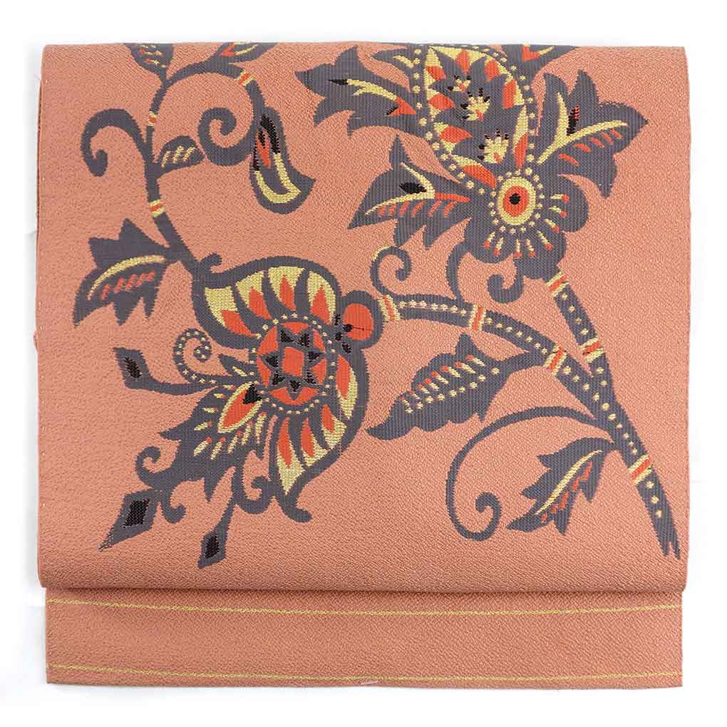 【中古】名古屋帯 リサイクル帯 幅30cm 長さ335cm レディース 抽象柄 秋冬春用 正絹（シルク）ブラウン 美品 リメイク リユース