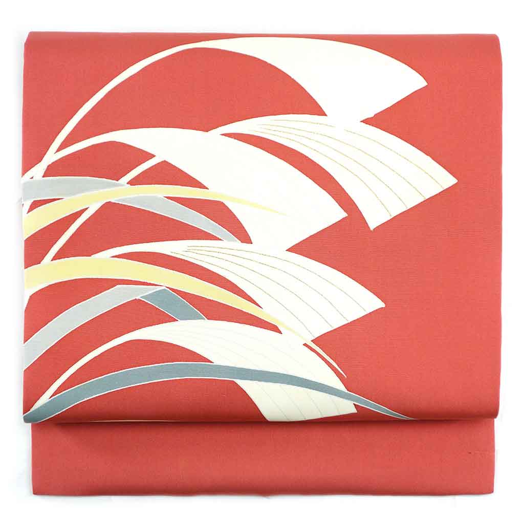 【中古】名古屋帯 リサイクル帯 幅30cm 長さ358cm レディース 抽象柄 秋冬春用 正絹（シルク）レッド 美品 リメイク リユース