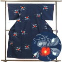 【中古】紬 リサイクル着物 身丈157cm 裄64cm 前幅24cm 後幅29.5cm 袖丈49cm 正絹(シルク) レディース 袷仕立 椿 秋冬春用 紺地 裄...
