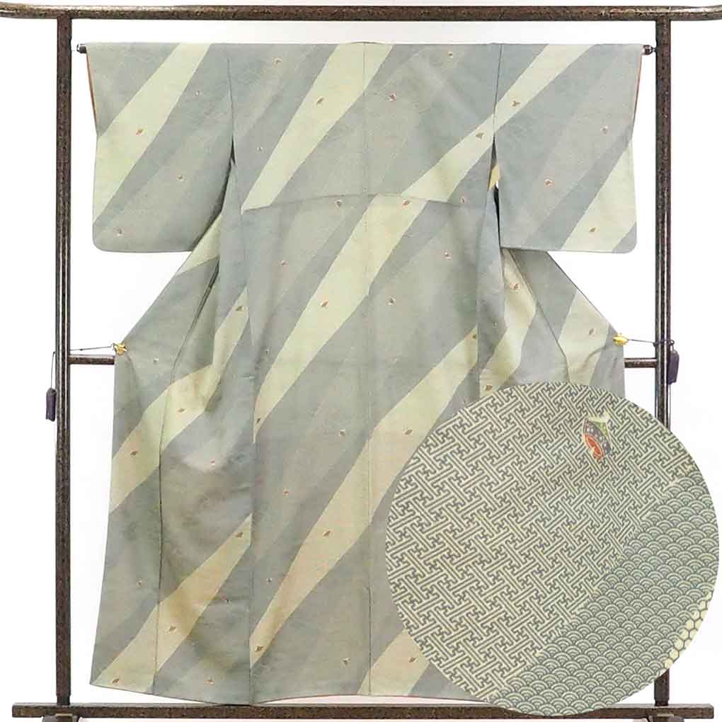 【中古】小紋 リサイクル着物 身丈158cm 裄65cm 前幅23.5cm 後幅30cm 袖丈50cm 正絹(シルク) レディース 袷仕立 秋冬春用 グレー地 裄Mサイズ リユース