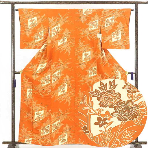 【中古】小紋 リサイクル着物 身丈163cm 裄63cm 前幅22.5cm 後幅28cm 袖丈48cm 正絹(シルク) レディース 袷仕立 秋冬春用 オレンジ地 裄Mサイズ 美品 リユース 【中古】小紋 リサイクル着物 身丈163cm 裄63cm 前幅22.5cm 後幅28cm 袖丈48cm 正絹(シルク) レディース 袷仕立 秋冬春用 オレンジ地 裄Mサイズ 美品 リユース