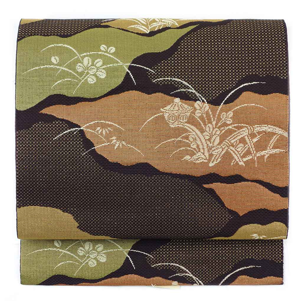 【中古】名古屋帯 リサイクル帯 幅30cm 長さ360cm レディース 花柄 秋冬春用 正絹（シルク）ブラウン 美品 リメイク リユース