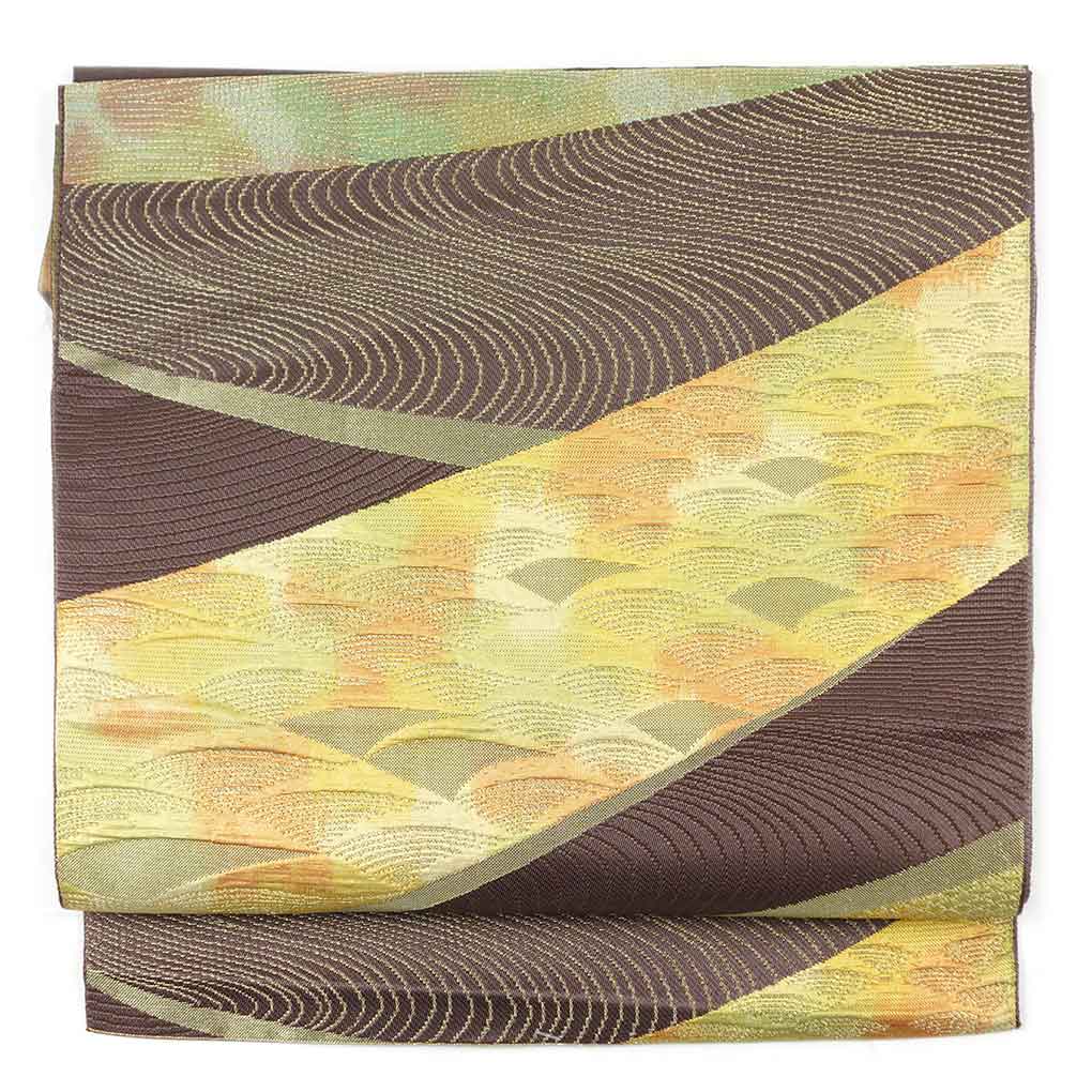 【中古】名古屋帯 リサイクル帯 幅30cm 長さ360cm レディース 青海波 秋冬春用 正絹（シルク）ブラウン..