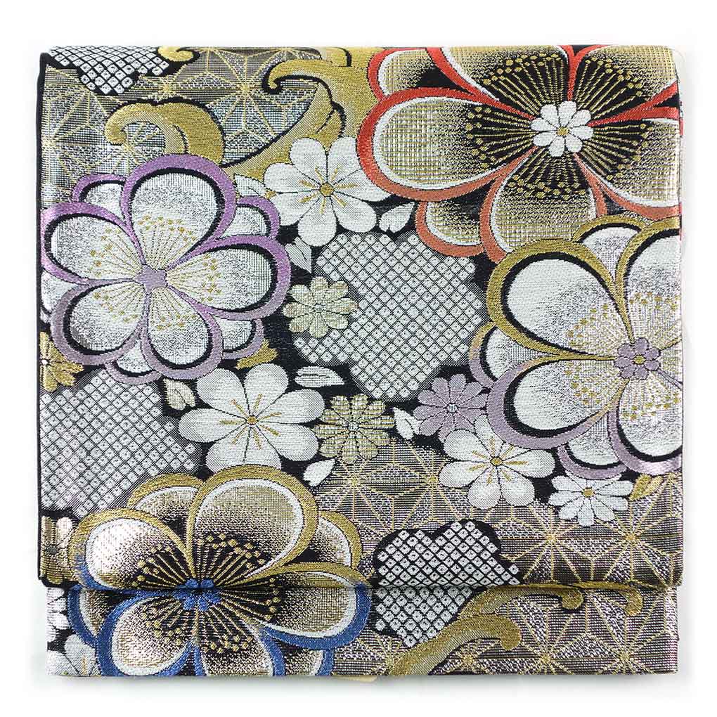 【中古】袋帯 リサイクル帯 幅31cm 長さ445cm レディース 花柄 秋冬春用 正絹（シルク）シルバー 未使用品 リメイク リユース