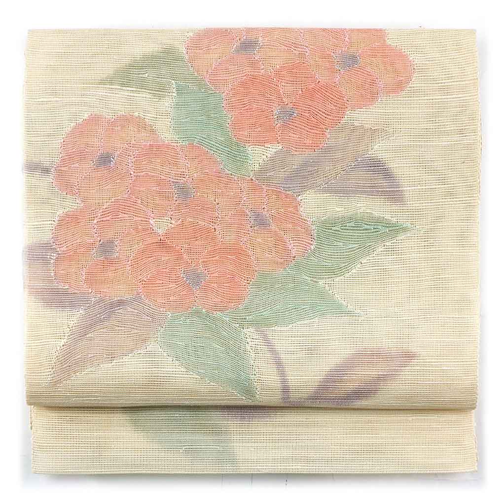 【中古】名古屋帯 リサイクル帯 幅30cm 長さ366cm レディース 花柄 夏用 正絹（シルク）ホワイト やや難 リメイク リユース