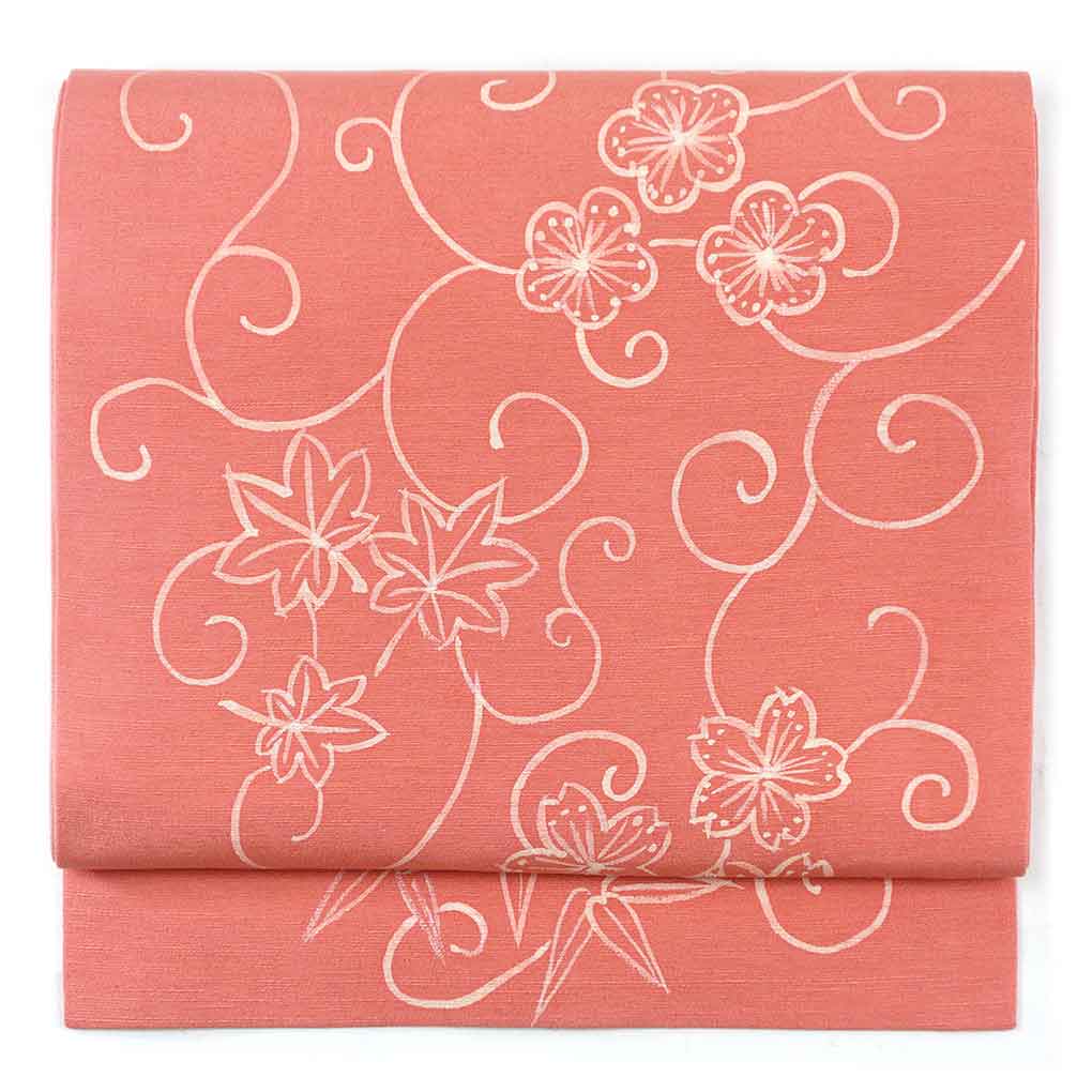 【中古】名古屋帯 リサイクル帯 幅31cm 長さ373cm レディース 花柄 秋冬春用 正絹（シルク）ピンク 美品 リメイク リユース